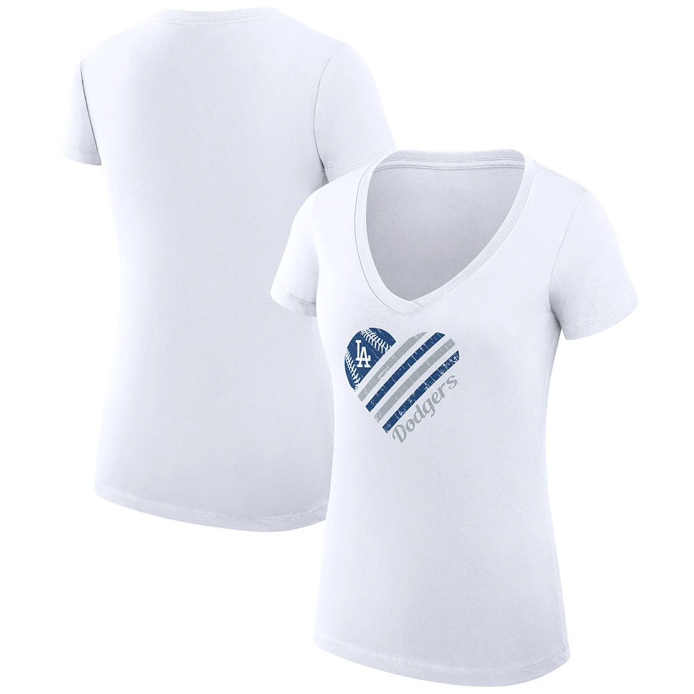 Women's G-III 4Her by Carl Banks White Los Angeles Dodgers Heart V-Neck Fitted T-Shirt