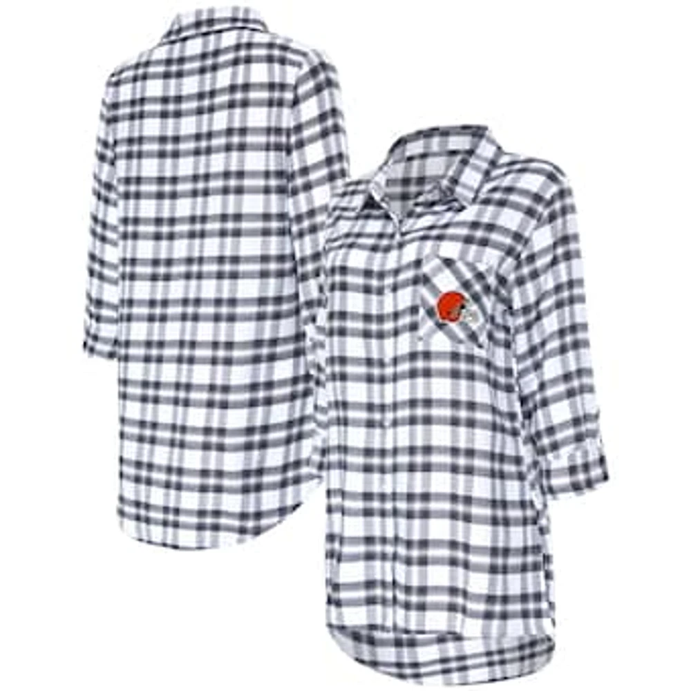 Women's Concepts Sport Charcoal Cleveland Browns Sienna Plaid Full-Button Long Sleeve Nightshirt