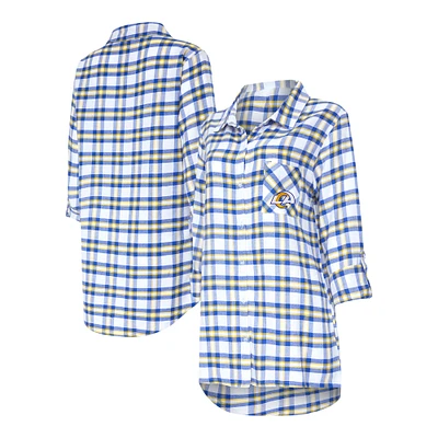 Women's Concepts Sport Royal Los Angeles Rams Sienna Plaid Full-Button Long Sleeve Nightshirt