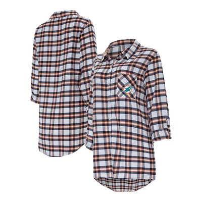 Women's Concepts Sport Aqua Miami Dolphins Sienna Plaid Full-Button Long Sleeve Nightshirt