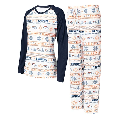 Women's Concepts Sport White/Navy Denver Broncos Tinsel Raglan Long Sleeve T-Shirt & Pants Sleep Set