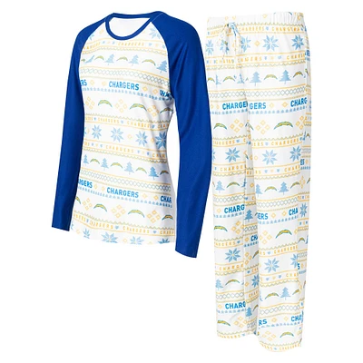 Women's Concepts Sport White/Powder Blue Los Angeles Chargers Tinsel Raglan Long Sleeve Top & Pants Sleep Set