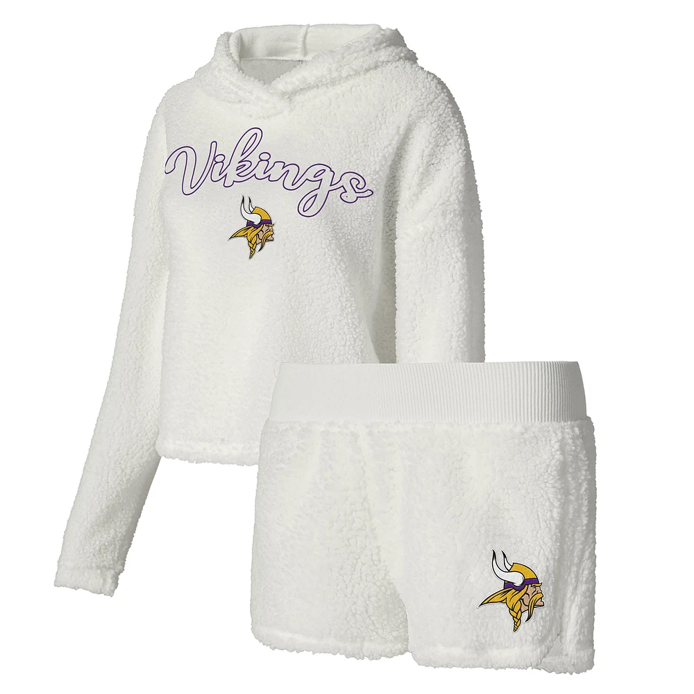 Women's Concepts Sport White Minnesota Vikings Fluffy Pullover Sweatshirt & Shorts Sleep Set