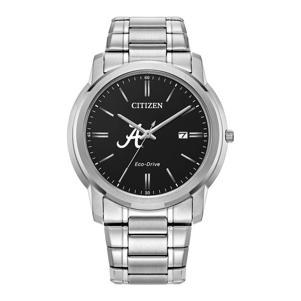 Men's Citizen Watch Silver Alabama Crimson Tide Eco-Drive Black Dial Stainless Steel Watch