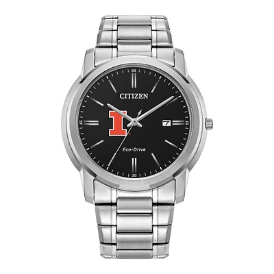 Men's Citizen Watch Silver Illinois Fighting Illini Eco-Drive Black Dial Stainless Steel Watch