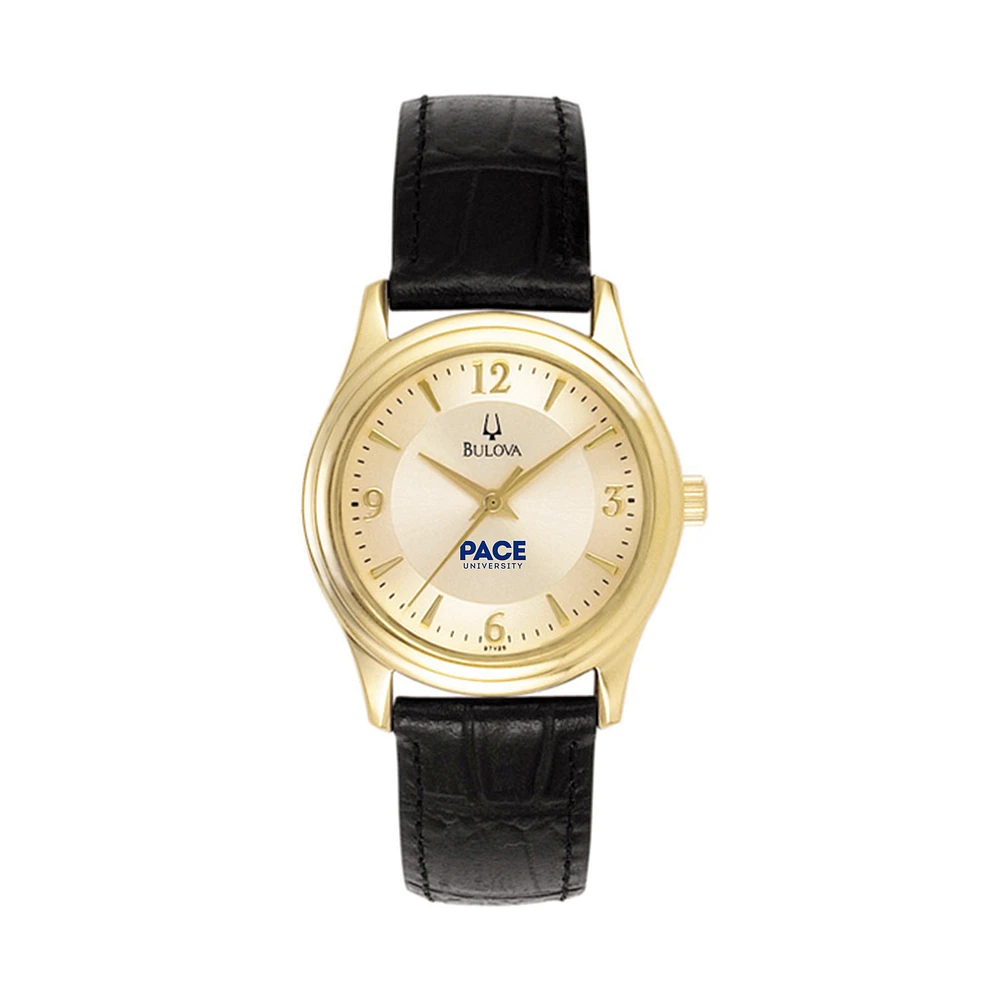 Women's Bulova Gold/Black Pace University Setters Stainless Steel Watch with Leather Band