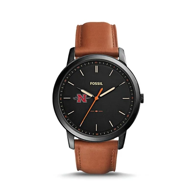 Men's Fossil  Black/Brown Nicholls State Colonels Minimalist Slim Light Brown Leather Watch