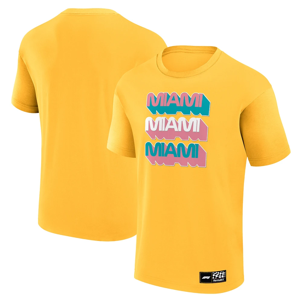 Men's Yellow Formula 1 Miami Grand Prix Stacked Wordmark T-Shirt