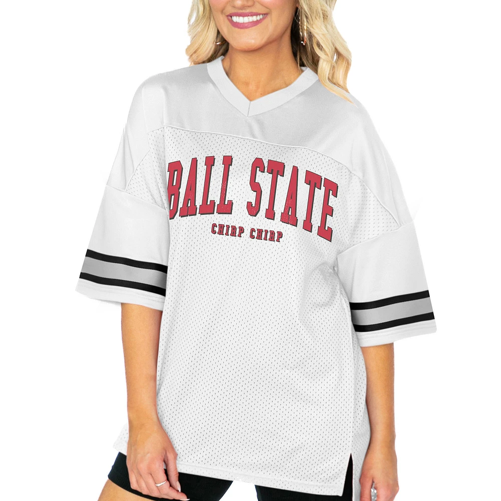 Women's Gameday Couture White Ball State Cardinals Option Play Oversized Mesh Fashion Jersey