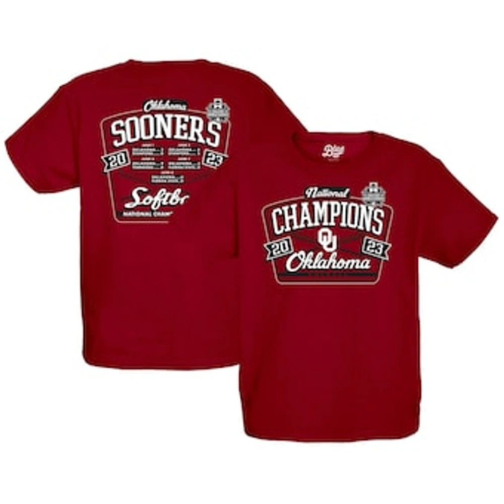 Youth Blue 84  Crimson Oklahoma Sooners 2023 NCAA Softball Women's College World Series Champions Schedule T-Shirt