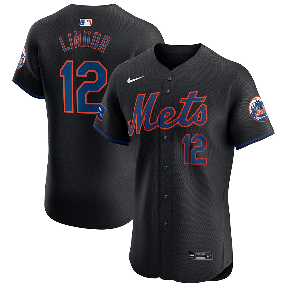 Men's Nike Francisco Lindor Black New York Mets Alternate Elite Sponsor Patch Player Jersey