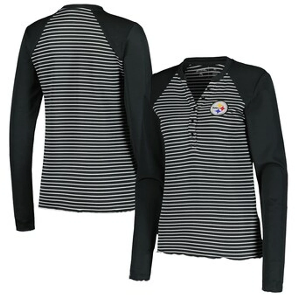 Women's Antigua Black Pittsburgh Steelers Maverick Waffle Henley Long Sleeve T-Shirt