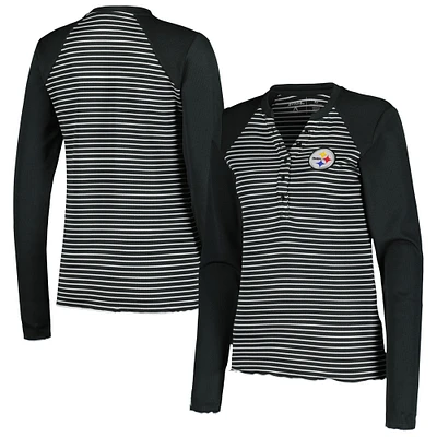 Women's Antigua Black Pittsburgh Steelers Maverick Waffle Henley Long Sleeve T-Shirt