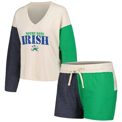 Women's Wes & Willy Cream Notre Dame Fighting Irish Colorblock Tri-Blend Long Sleeve V-Neck T-Shirt Shorts Sleep Set