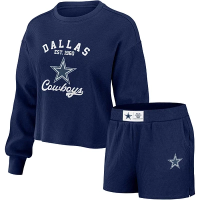 Women's WEAR by Erin Andrews Navy Dallas Cowboys Waffle Knit Long Sleeve T-Shirt & Shorts Lounge Set