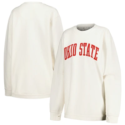 Women's Pressbox White Ohio State Buckeyes Comfy Corded Vintage Wash Basic Arch Pullover Sweatshirt