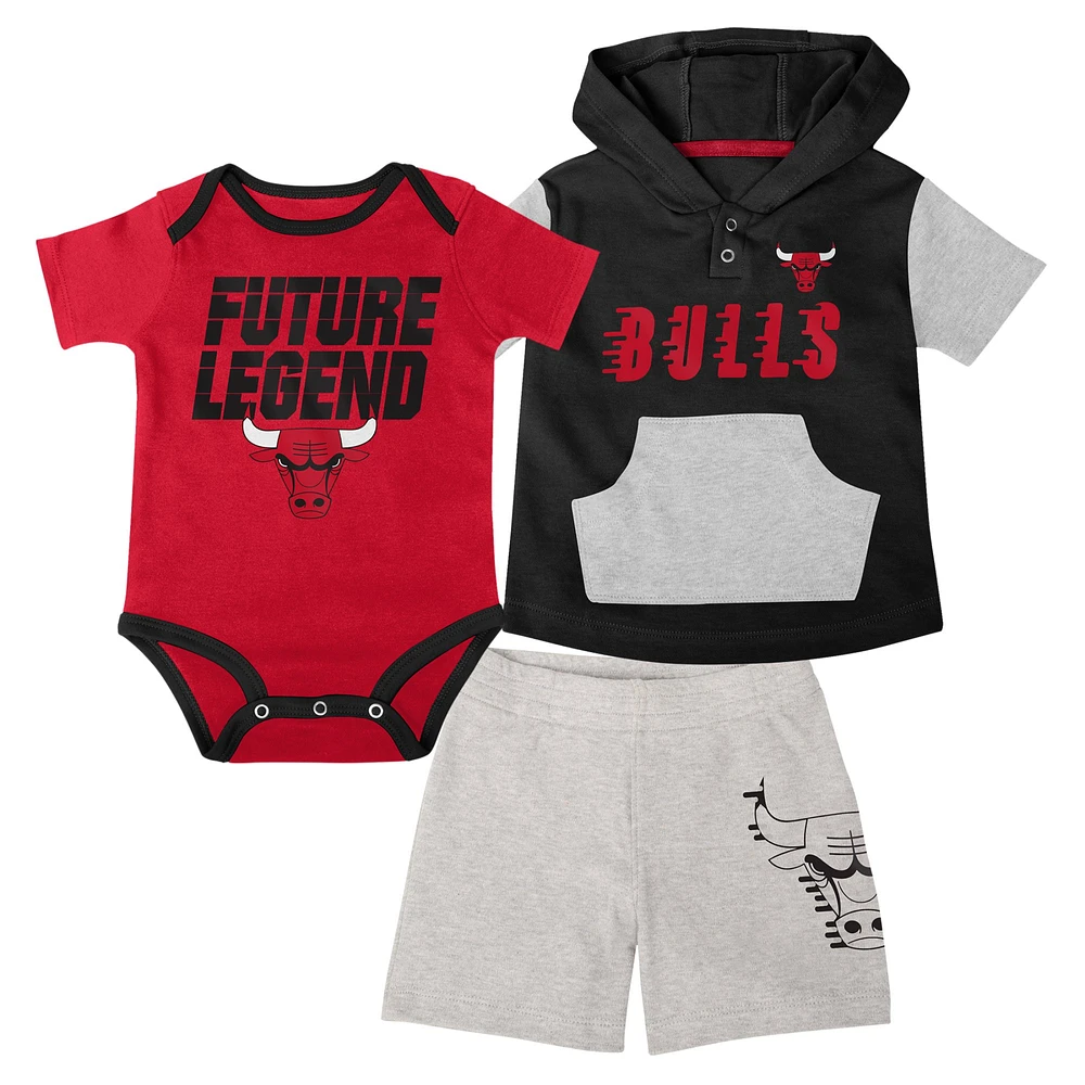 Infant Red/Black/Gray Chicago Bulls Bank Shot Bodysuit, Hoodie T-Shirt & Shorts Set