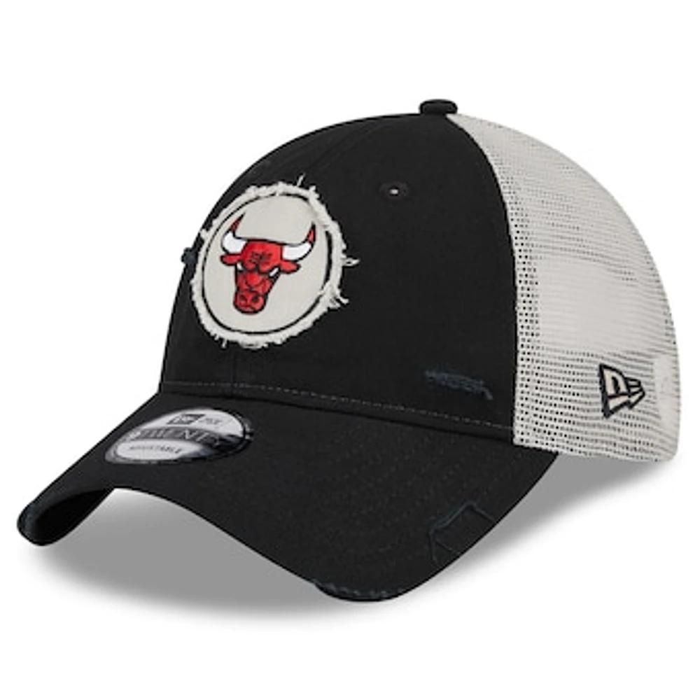 Men's New Era Black Chicago Bulls  Rally Drive Distressed Patch 9TWENTY Trucker Adjustable Hat