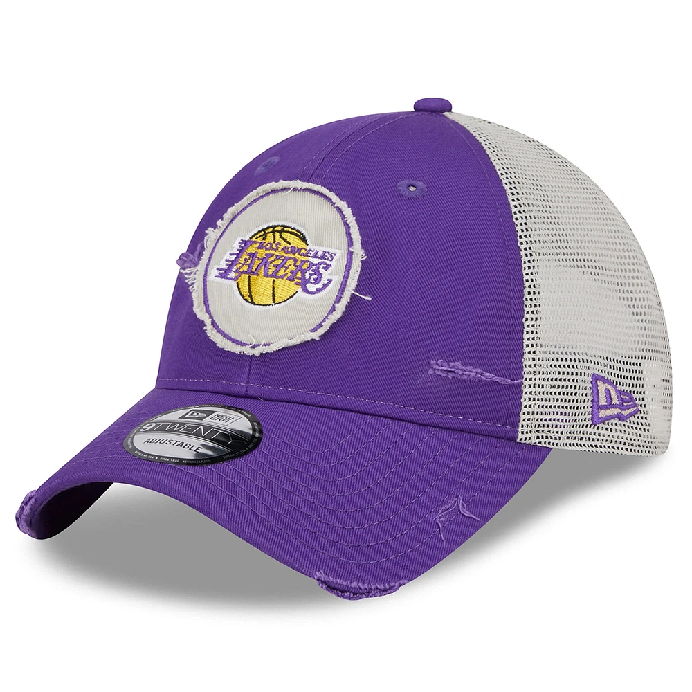Men's New Era Purple Los Angeles Lakers  Rally Drive Distressed Patch 9TWENTY Trucker Adjustable Hat