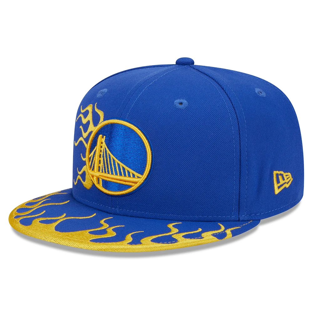 Men's New Era Royal Golden State Warriors  Rally Drive Flames 9FIFTY Snapback Hat