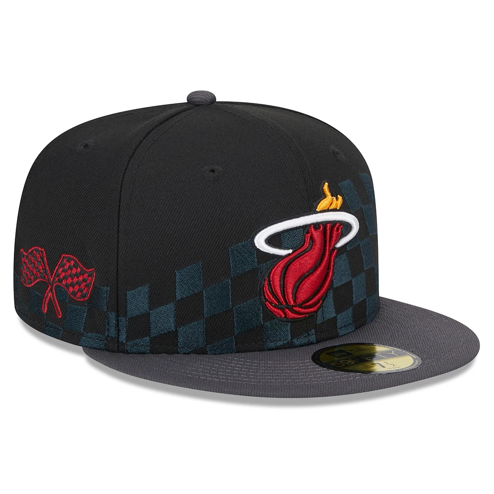 Men's New Era Black Miami Heat  Rally Drive Checkerboard 59FIFTY Crown Fitted Hat