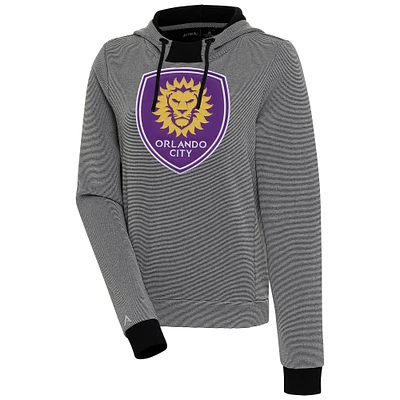 Women's Antigua  Black/White Orlando City SC Axe Bunker Tri-Blend Pullover Hoodie