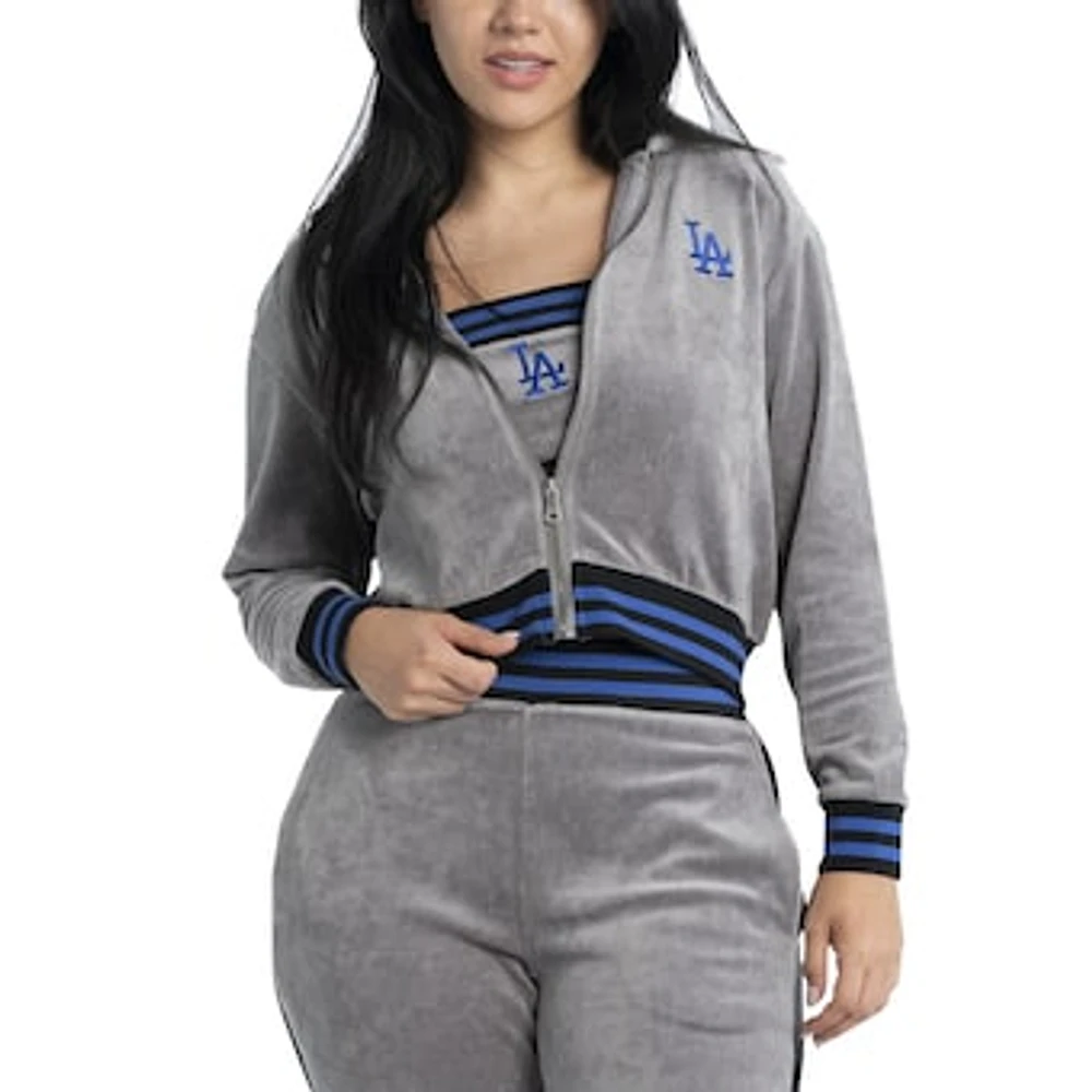 Women's Lusso  Gray Los Angeles Dodgers Niko-Neve-Nic Sweatpants, Cropped Full-Zip Hoodie & Bra Set