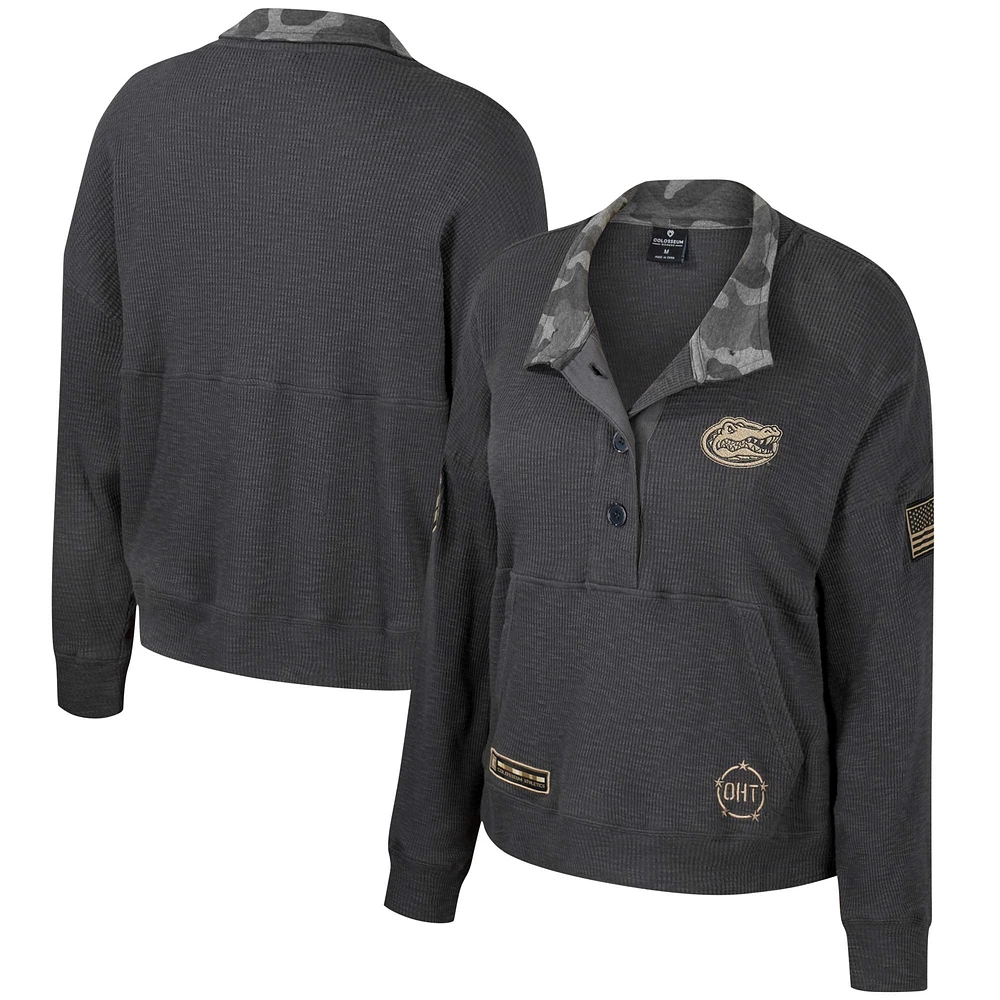 Women's Colosseum Heather Charcoal Florida Gators OHT Military Appreciation Payback Henley Thermal Sweatshirt