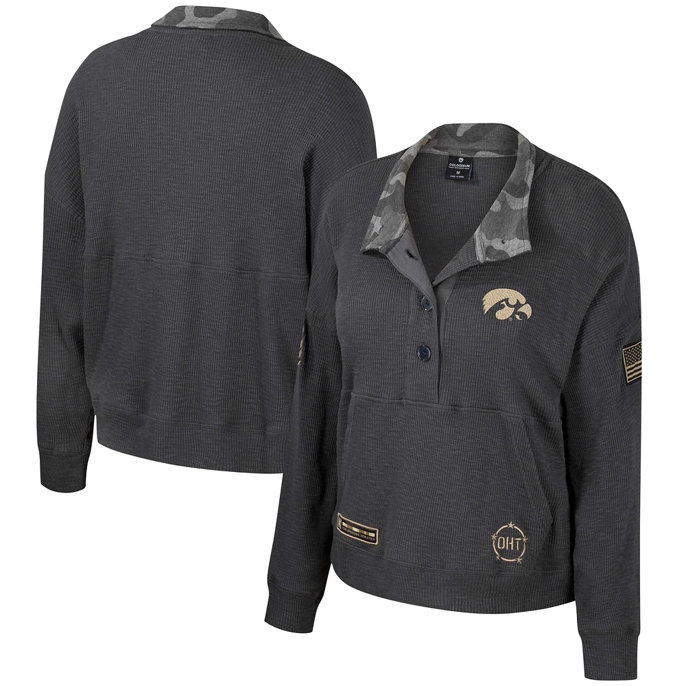 Women's Colosseum Heather Charcoal Iowa Hawkeyes OHT Military Appreciation Payback Henley Thermal Sweatshirt