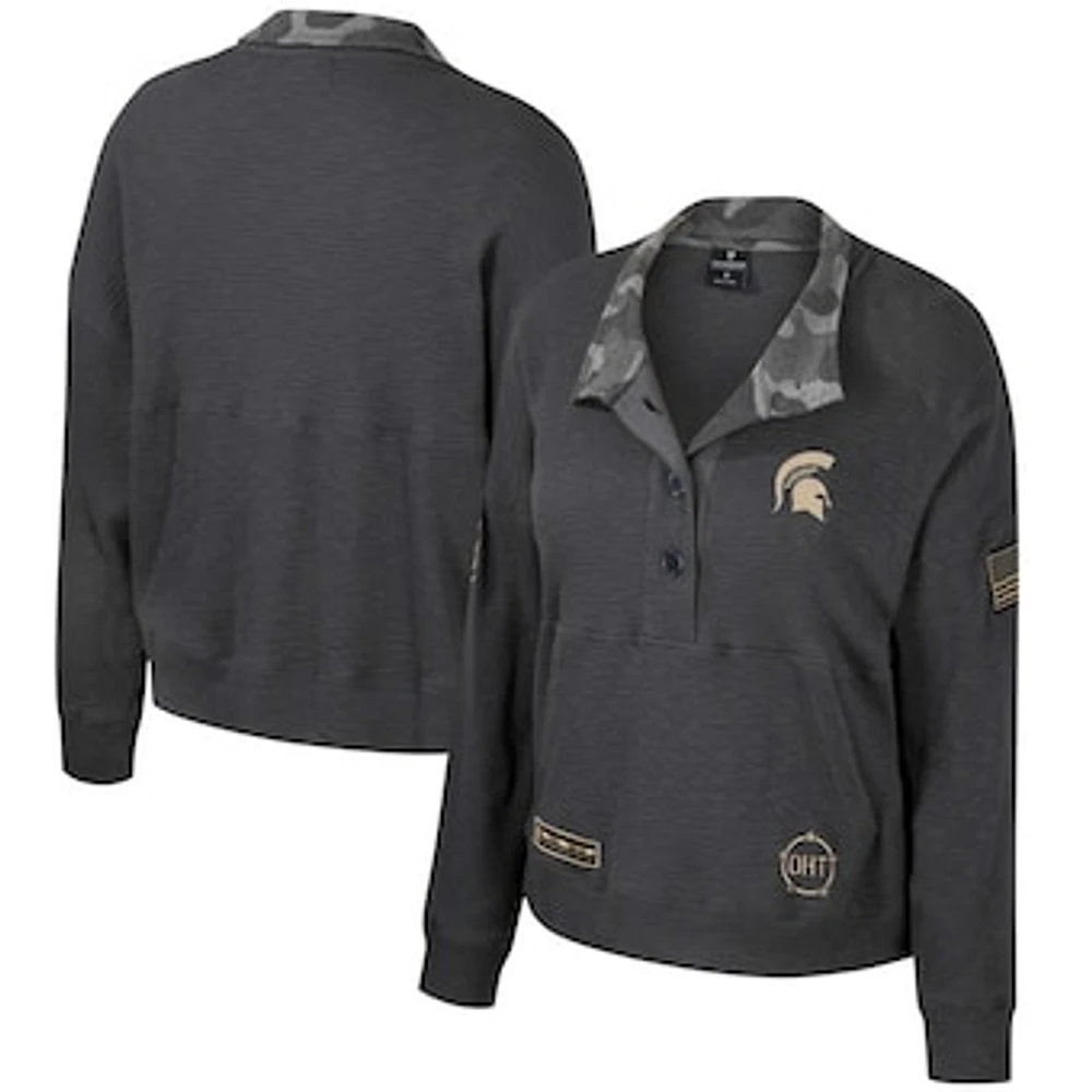 Women's Colosseum  Heather Charcoal Michigan State Spartans OHT Military Appreciation Payback Henley Thermal Sweatshirt