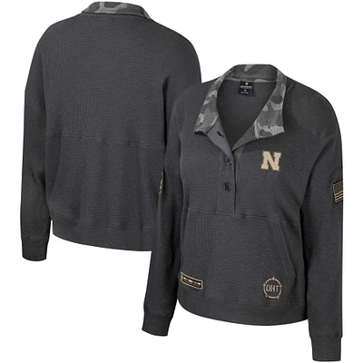 Women's Colosseum  Heather Charcoal Nebraska Huskers OHT Military Appreciation Payback Henley Thermal Sweatshirt