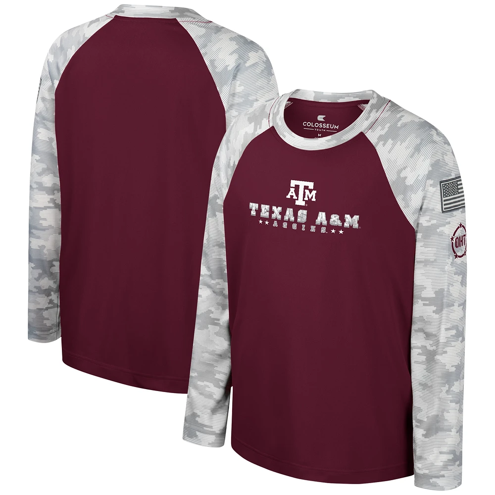 Youth Colosseum Maroon/Camo Texas A&M Aggies OHT Military Appreciation Dark Star Raglan Long Sleeve T-Shirt