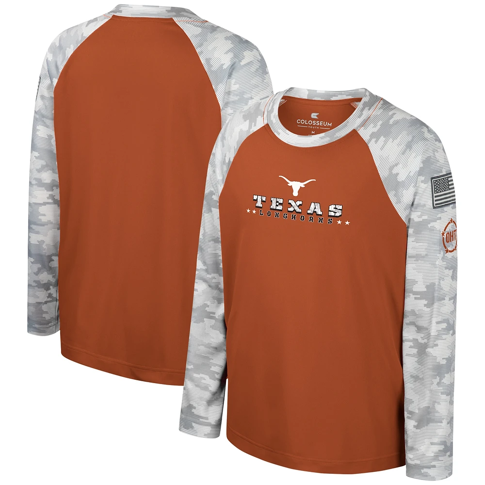 Youth Colosseum Burnt Orange/Camo Texas Longhorns OHT Military Appreciation Dark Star Raglan Long Sleeve T-Shirt