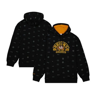 Men's Mitchell & Ness Black Boston Bruins 100th Anniversary Allover Print Pullover Hoodie