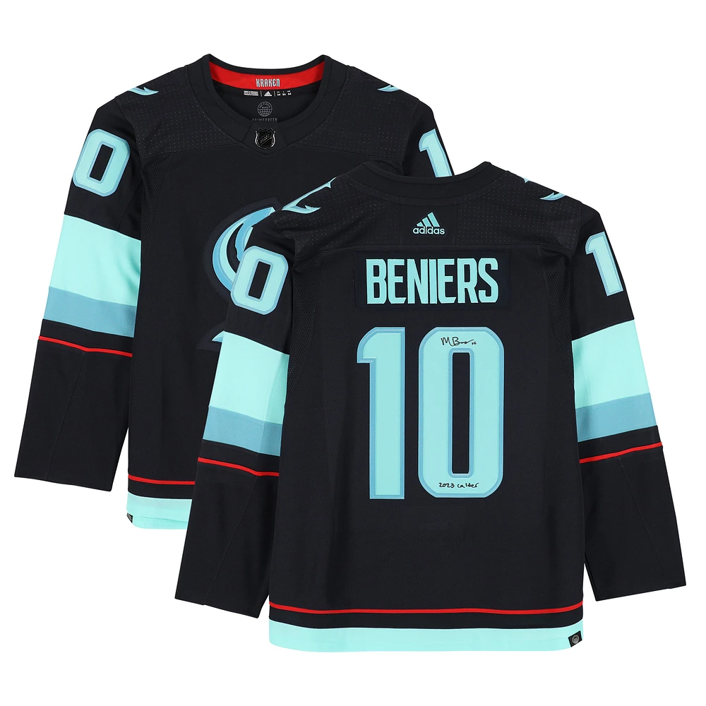 Matty Beniers Deep Sea Blue Seattle Kraken Autographed 2023 Calder Trophy Winner Adidas Authentic Jersey with "2023 Calder" Inscription