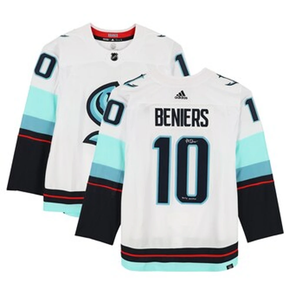 Matty Beniers White Seattle Kraken Autographed 2023 Calder Trophy Winner Adidas Authentic Jersey with "2023 Calder" Inscription