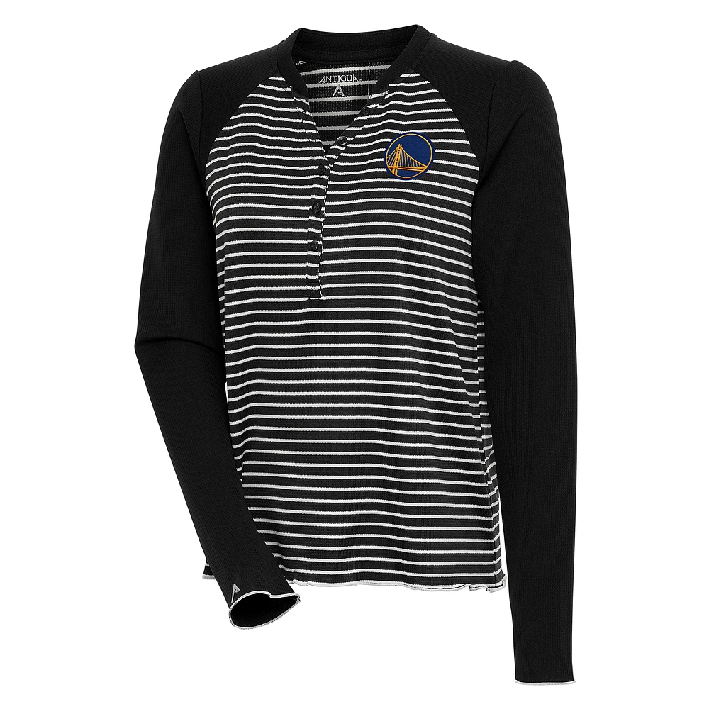Women's Antigua Black Golden State Warriors Maverick Long Sleeve Henley T-Shirt