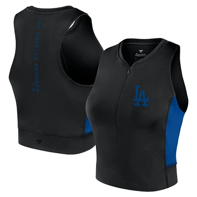 Women's Fanatics Black Los Angeles Dodgers Studio Half-Zip Fitted Gym Tank Top