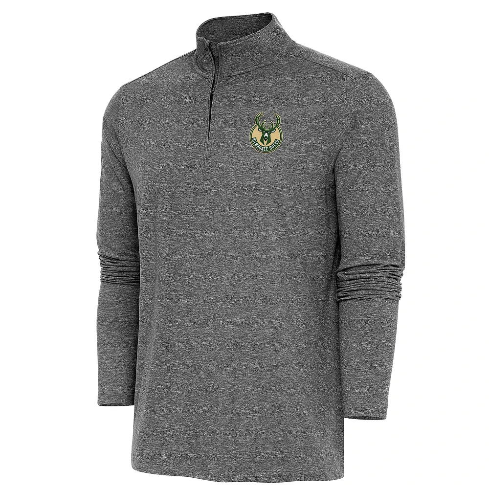 Men's Antigua Heather Black Milwaukee Bucks Hunk Quarter-Zip Pullover Top