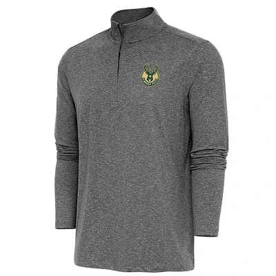 Men's Antigua  Heather Black Milwaukee Bucks Hunk Quarter-Zip Pullover Top