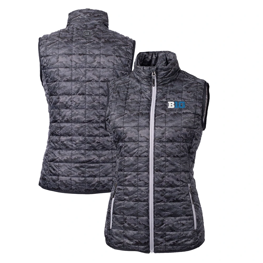 Women's Cutter & Buck Black Big Ten Gear Rainier PrimaLoft Eco Insulated Printed Full-Zip Puffer Vest