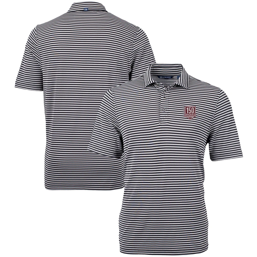 Men's Cutter & Buck Black Harvard Crimson Football 150th Anniversary DryTec Virtue Eco Pique Stripe Recycled Polo