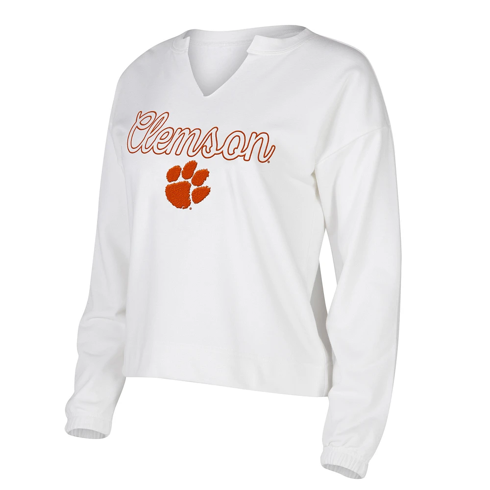 Women's Concepts Sport White Clemson Tigers Sienna Notch Neck Long Sleeve Top