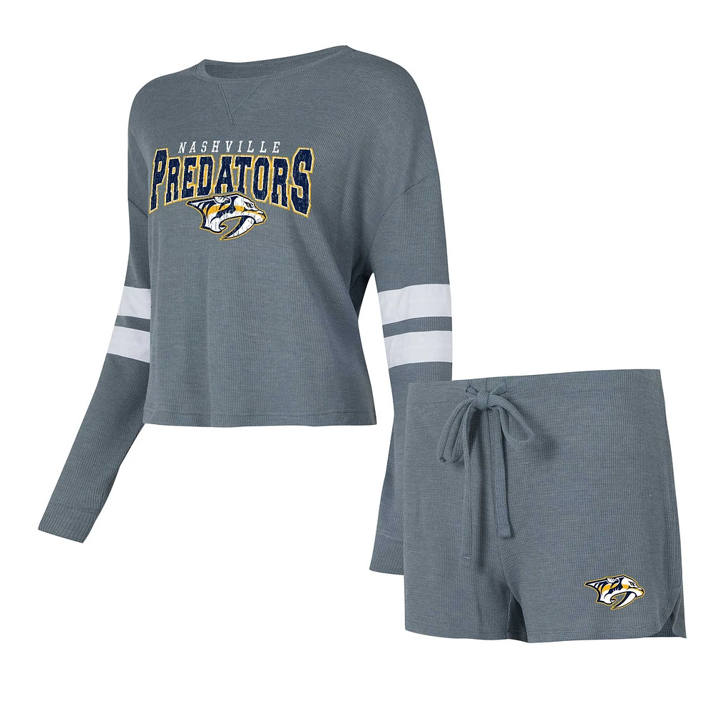 Women's Concepts Sport Gray Nashville Predators Meadow Long Sleeve T-Shirt & Shorts Sleep Set