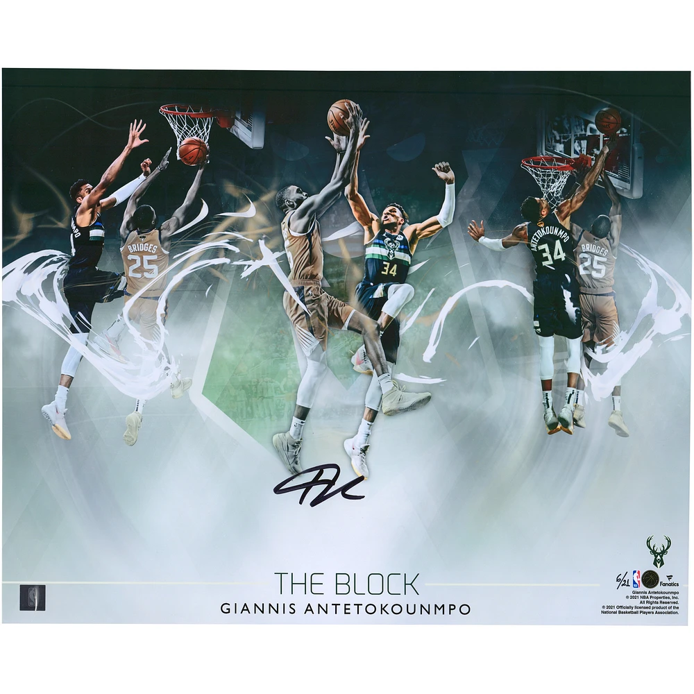 Limited Edition of 21: Giannis Antetokounmpo Milwaukee Bucks Autographed 2021 NBA Finals Block Photo