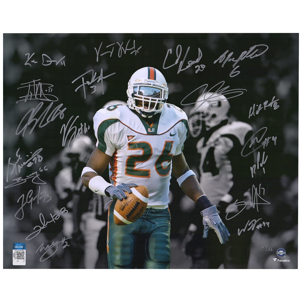 Limited Edition of 26: 2001 Miami Hurricanes Autographed Sean Taylor Spotlight Photograph with 20 Signatures including Ed Reed, Andre Johnson & Frank Gore