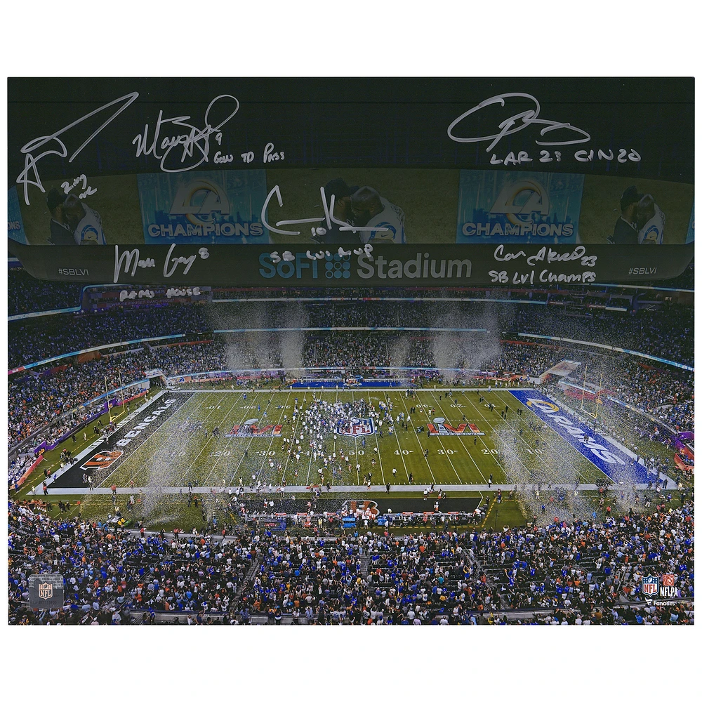 Limited Edition of 56: Los Angeles Rams Autographed Super Bowl LVI Champions Photo with Six Signatures including Matthew Stafford, Aaron Donald & Cooper Kupp with Multiple Inscriptions