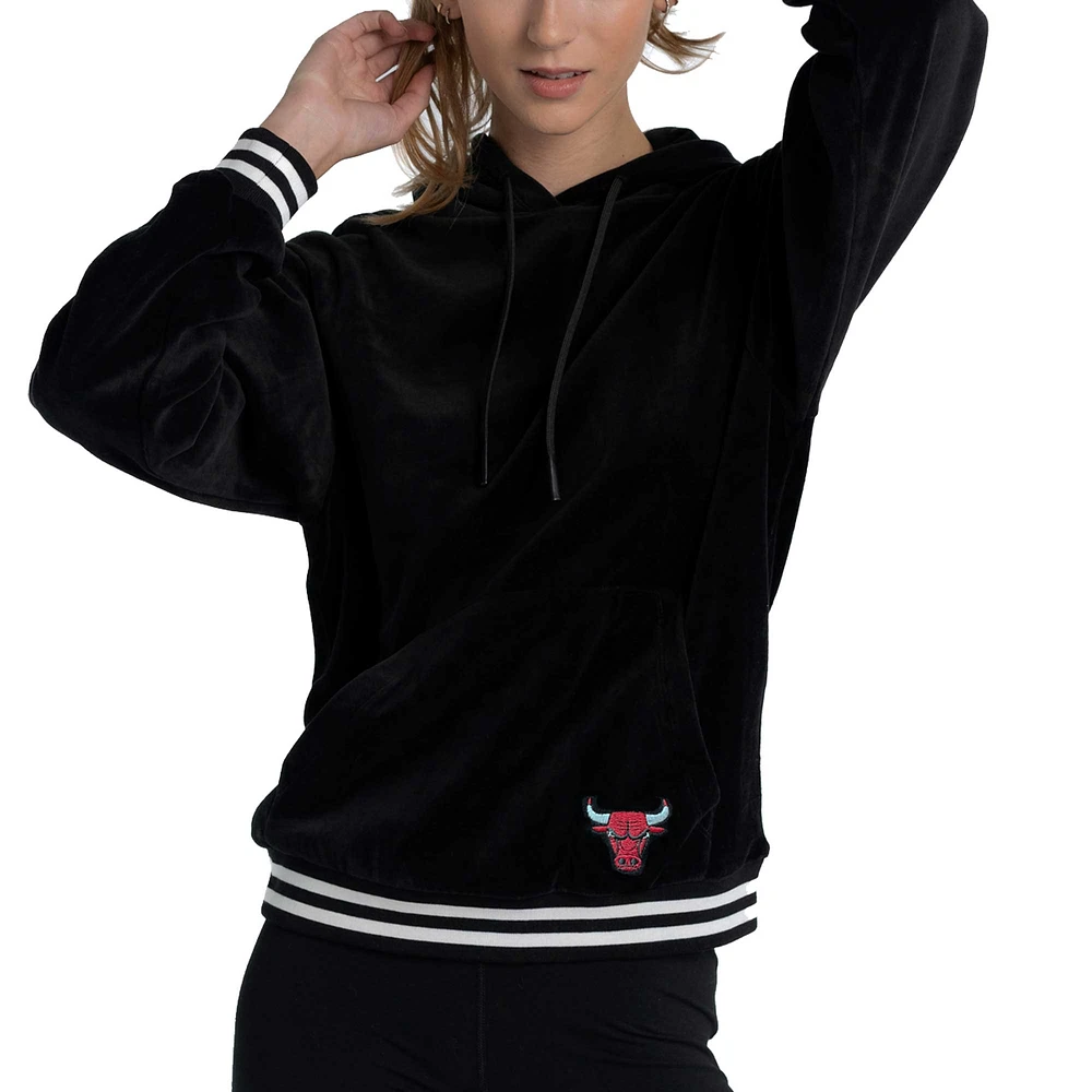 Women's Lusso Black Chicago Bulls Nellie Oversized Velour Pullover Hoodie