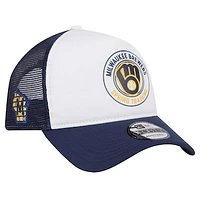 Men's New Era White/Navy Milwaukee Brewers Spring Training Circle Foam A-Frame 9FORTY Trucker Adjustable Hat