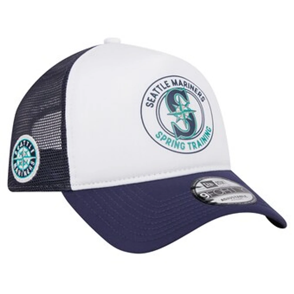 Men's New Era White/Navy Seattle Mariners Spring Training Circle Foam A-Frame 9FORTY Trucker Adjustable Hat